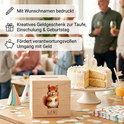 Eichhörnchen Spardose für Kinder personalisiert Sparbox aus Holz Sparschwein mit Schlüssel Taufgeschenk für Jungen und Mädchen