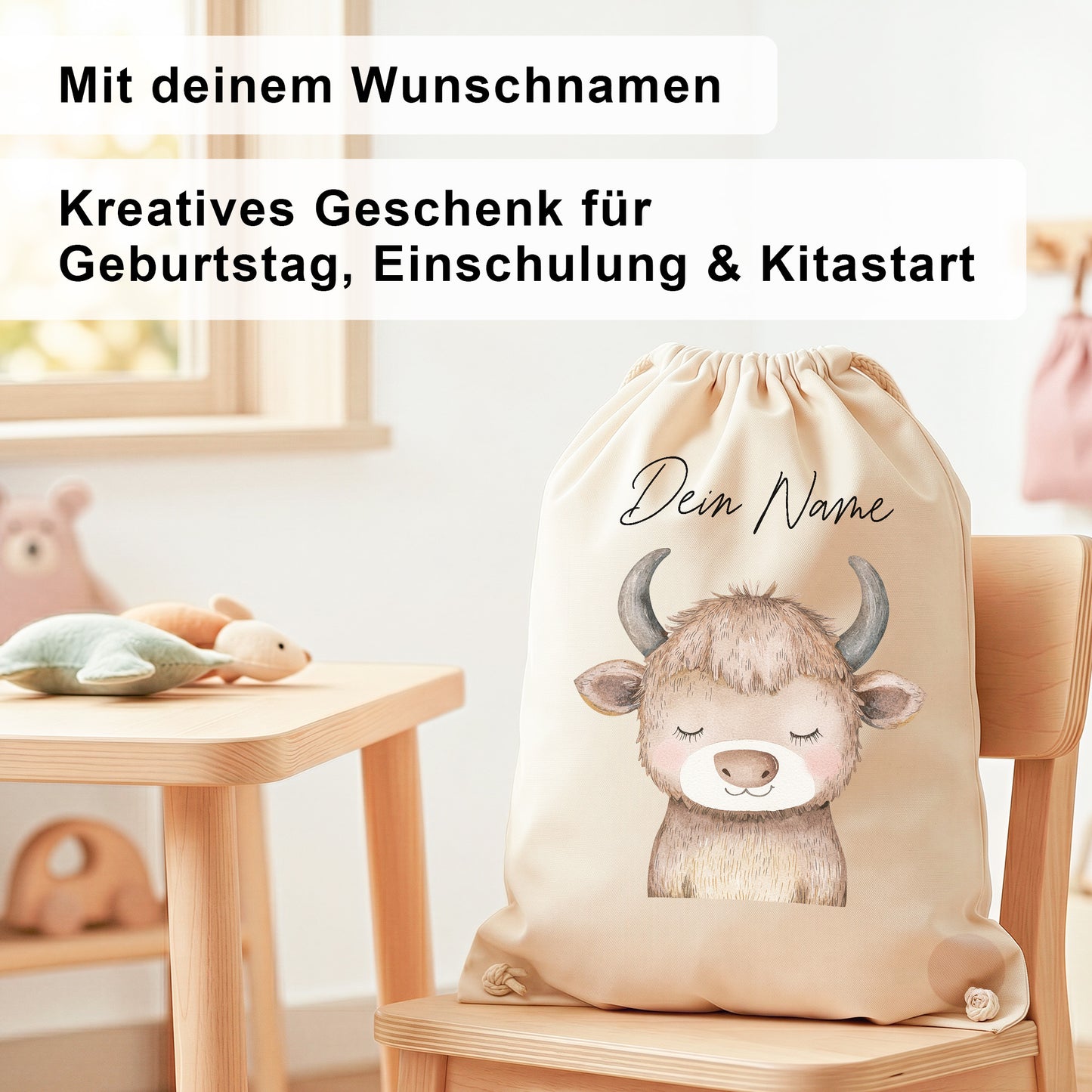 Stier Turnbeutel Kinder personalisierter Sportbeutel für Kindergarten & Kita Stoffbeutel mit Kordelzug