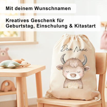 Stier Turnbeutel Kinder personalisierter Sportbeutel für Kindergarten & Kita Stoffbeutel mit Kordelzug