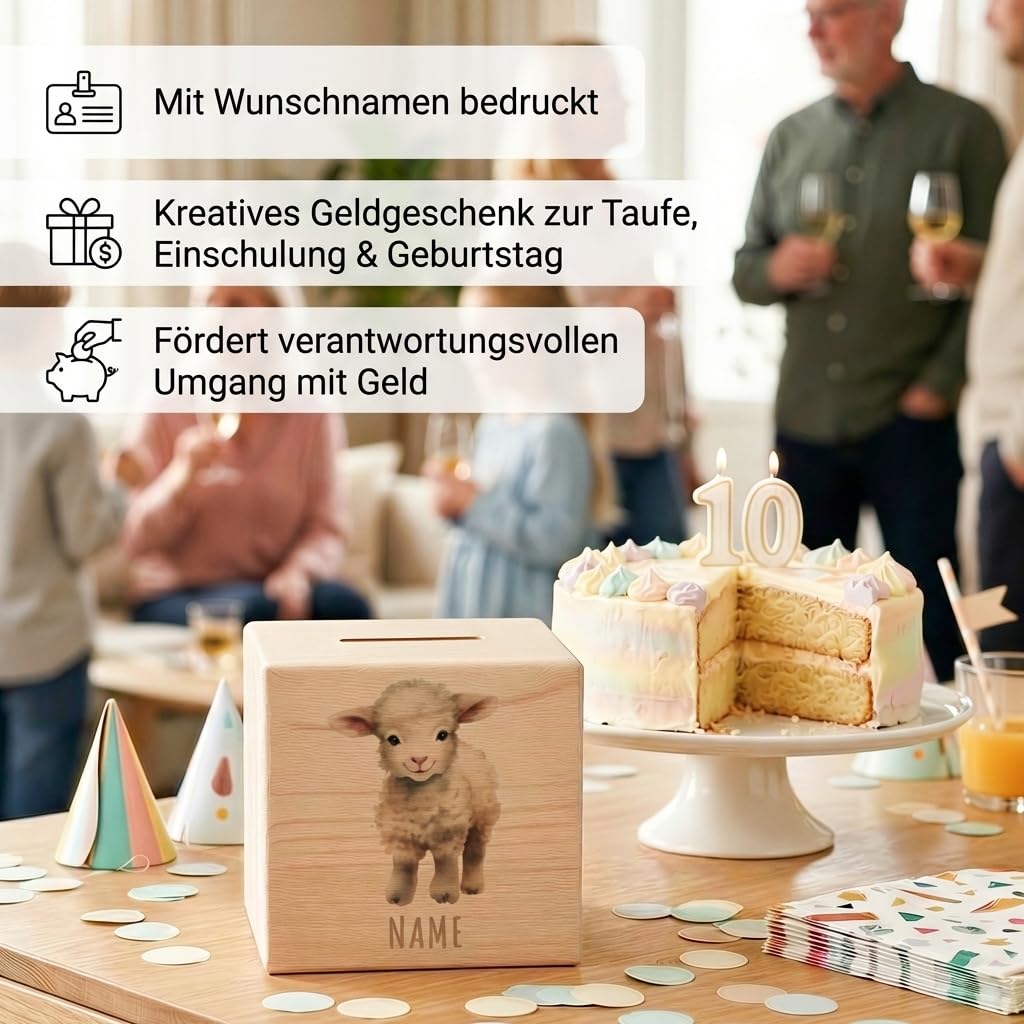 Schaf Spardose für Kinder personalisiert Sparbox aus Holz Sparschwein mit Schlüssel Taufgeschenk für Jungen und Mädchen