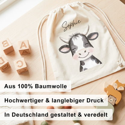 Kuh Turnbeutel Kinder personalisierter Sportbeutel für Kindergarten & Kita Stoffbeutel mit Kordelzug