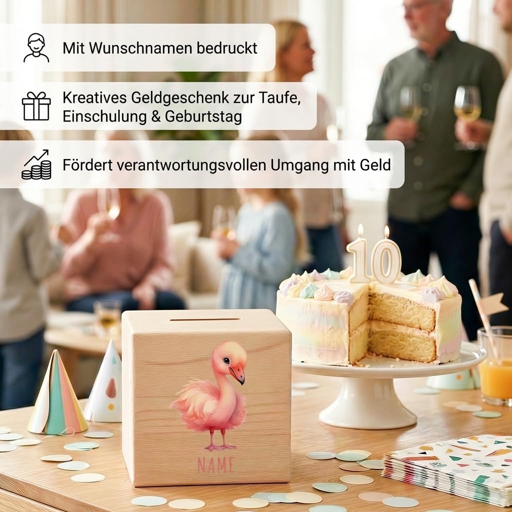 Flamingo Spardose für Kinder personalisiert Sparbox aus Holz Sparschwein mit Schlüssel Taufgeschenk für Jungen und Mädchen