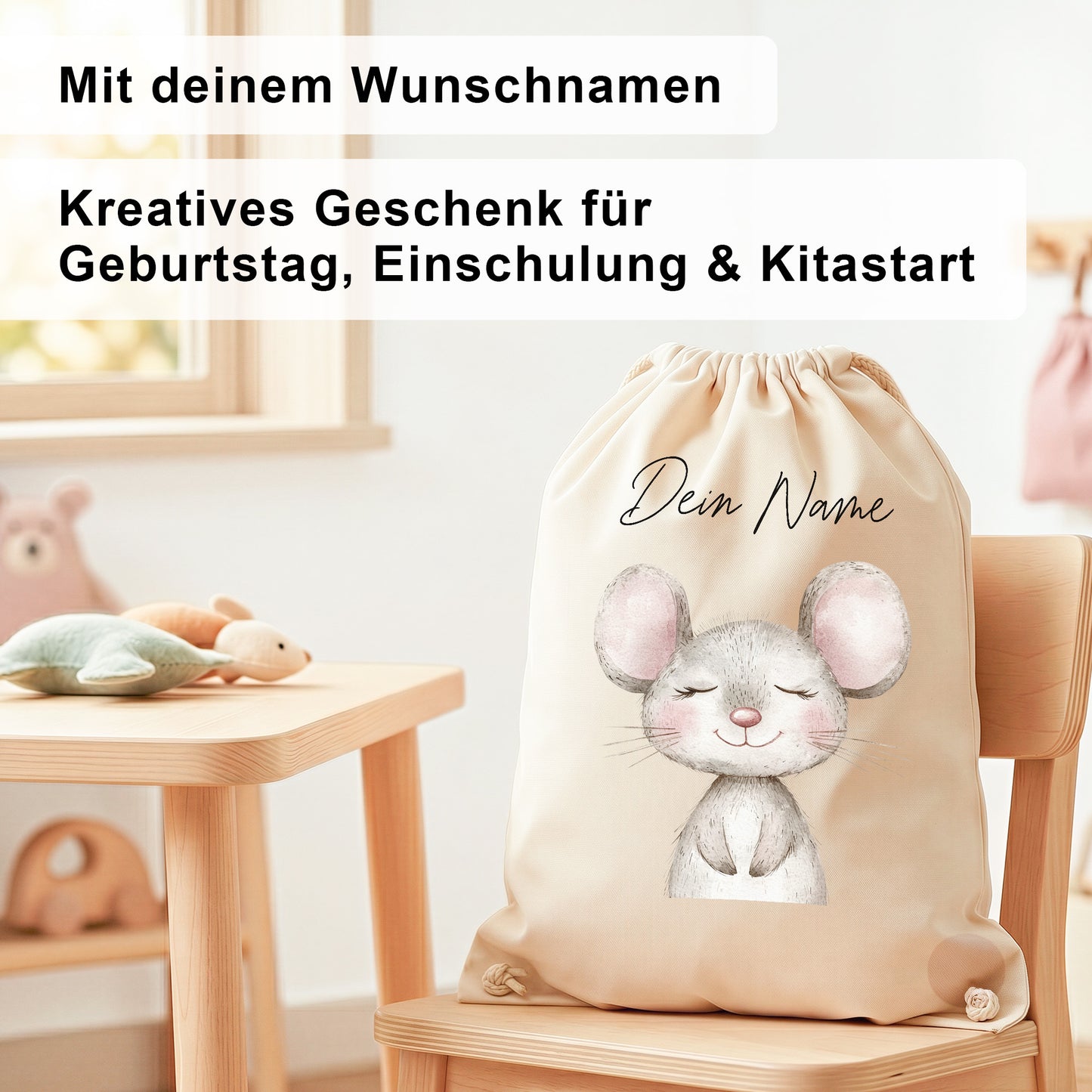 Maus Turnbeutel Kinder personalisierter Sportbeutel für Kindergarten & Kita Stoffbeutel mit Kordelzug