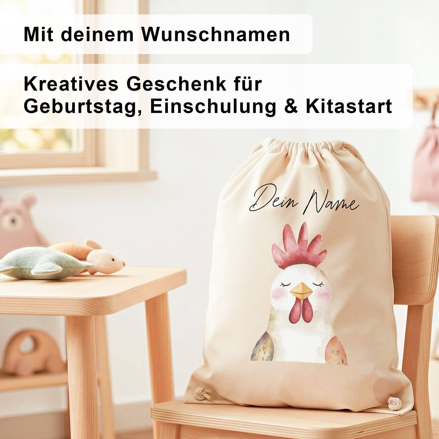 Hahn Turnbeutel Kinder personalisierter Sportbeutel für Kindergarten & Kita Stoffbeutel mit Kordelzug