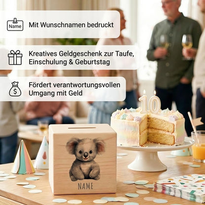 Koala Spardose für Kinder personalisiert Sparbox aus Holz Sparschwein mit Schlüssel Taufgeschenk für Jungen und Mädchen