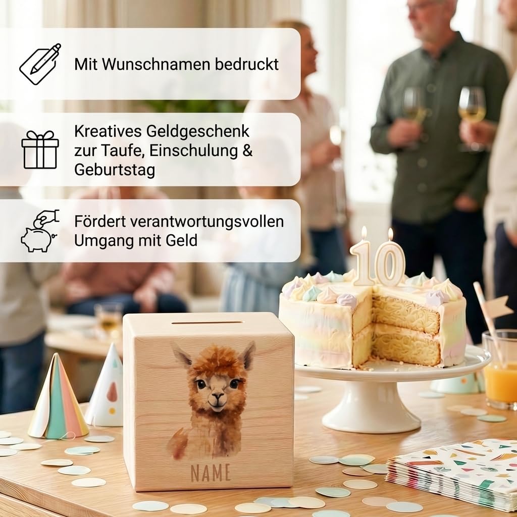 Alpaka Spardose für Kinder personalisiert Sparbox aus Holz Sparschwein mit Schlüssel Taufgeschenk für Jungen und Mädchen