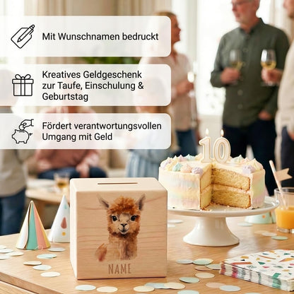 Alpaka Spardose für Kinder personalisiert Sparbox aus Holz Sparschwein mit Schlüssel Taufgeschenk für Jungen und Mädchen