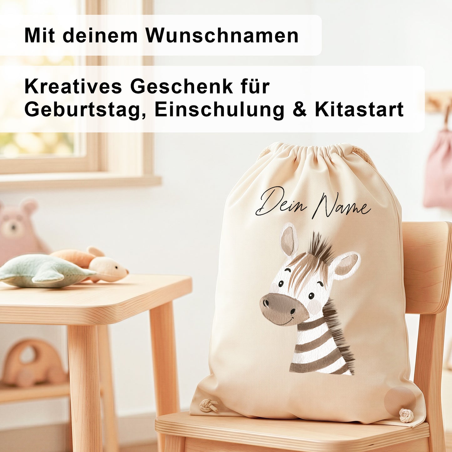 Zebra Turnbeutel für Kinder personalisierter Sportbeutel für den Kindergarten Stoffbeutel mit Kordelzug