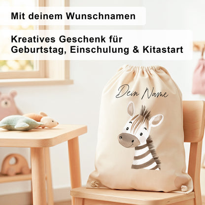 Zebra Turnbeutel für Kinder personalisierter Sportbeutel für den Kindergarten Stoffbeutel mit Kordelzug