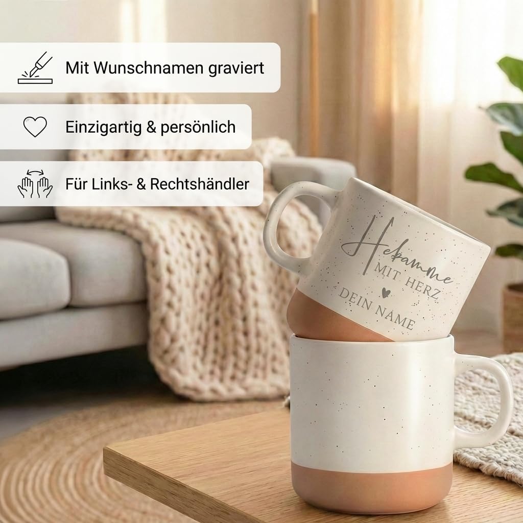 Geschenk Hebamme Steingut Tasse personalisiert mit Gravur Teetasse Kaffeebecher Kaffeetasse