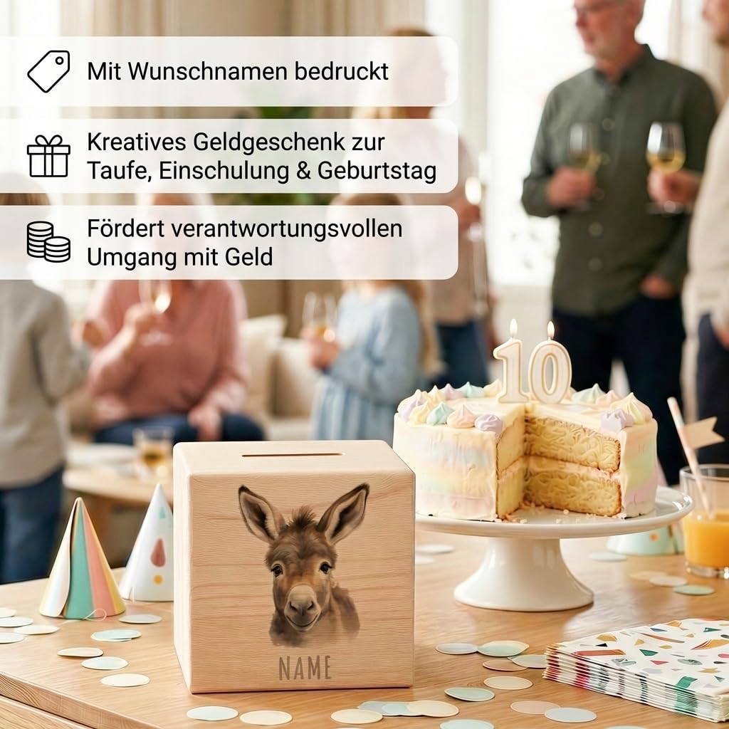 Esel Spardose für Kinder personalisiert Sparbox aus Holz Sparschwein mit Schlüssel Taufgeschenk für Jungen und Mädchen