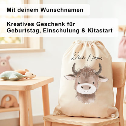 Büffel Turnbeutel für Kinder personalisierter Sportbeutel für den Kindergarten Stoffbeutel mit Kordelzug