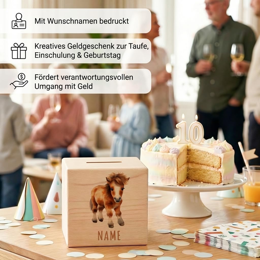 Pferde Spardose für Kinder personalisiert Sparbox aus Holz Sparschwein mit Schlüssel Taufgeschenk für Jungen und Mädchen