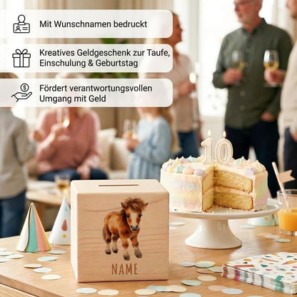 Pferde Spardose für Kinder personalisiert Sparbox aus Holz Sparschwein mit Schlüssel Taufgeschenk für Jungen und Mädchen