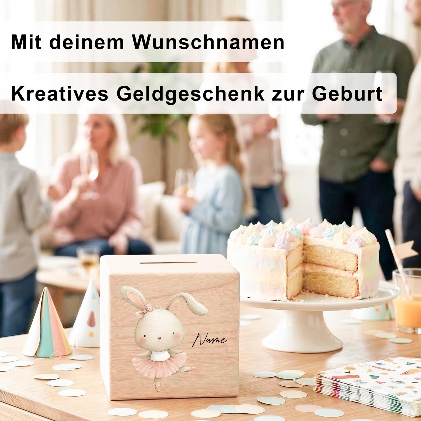 Spardose für Mädchen personalisierte Sparbox aus Holz mit Hase Geldgeschenk für Kinder