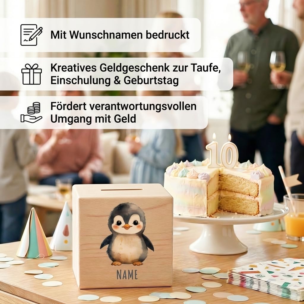 Pinguin Spardose für Kinder personalisiert Sparbox aus Holz Sparschwein mit Schlüssel Taufgeschenk für Jungen und Mädchen