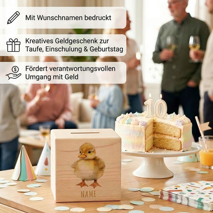 Ente Spardose für Kinder personalisiert Sparbox aus Holz Sparschwein mit Schlüssel Taufgeschenk für Jungen und Mädchen
