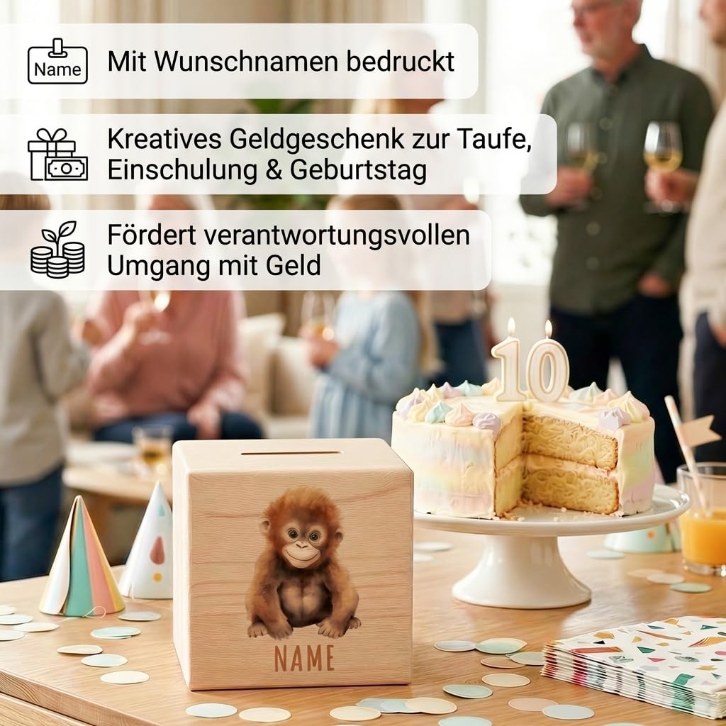 Affe Spardose für Kinder personalisiert Sparbox aus Holz Sparschwein mit Schlüssel Taufgeschenk für Jungen und Mädchen