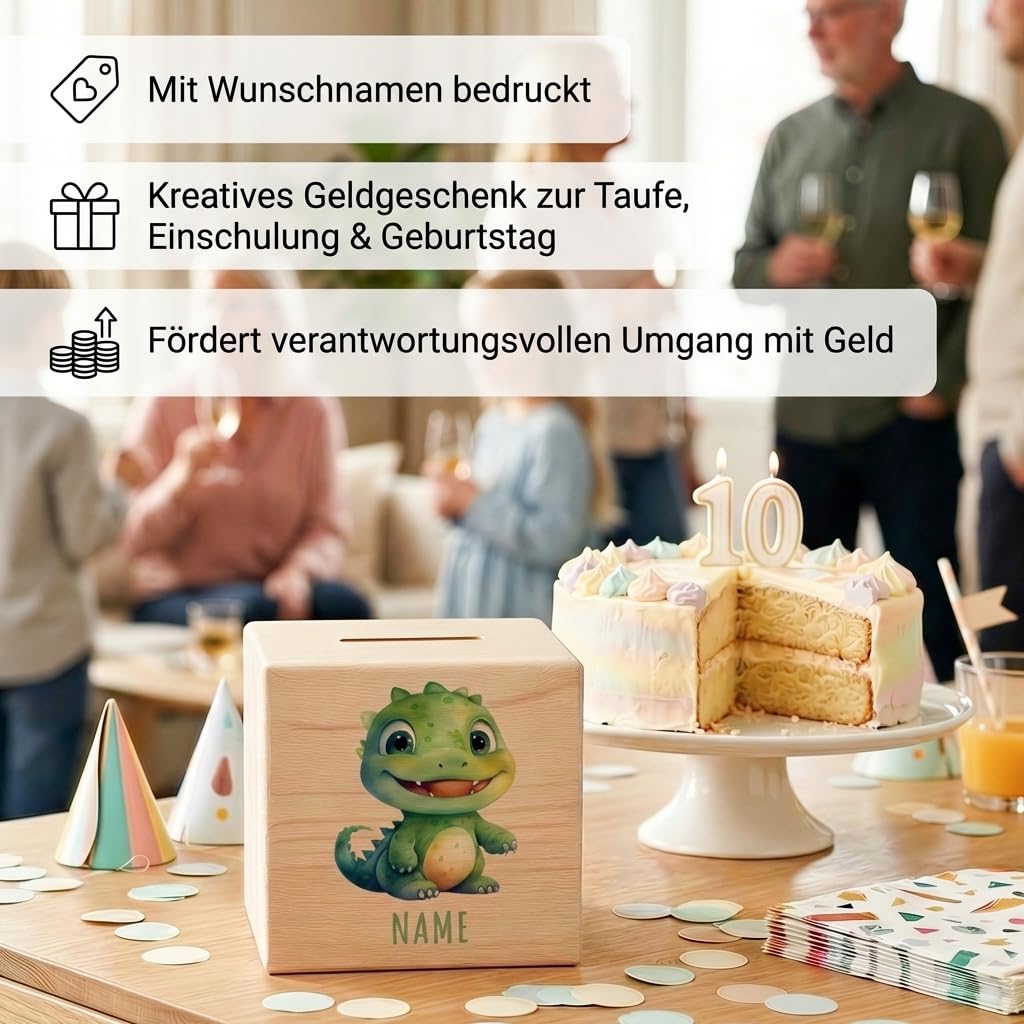 Dino Spardose für Kinder personalisiert Sparbox aus Holz T-Rex Sparschwein mit Schlüssel Taufgeschenk für Jungen und Mädchen