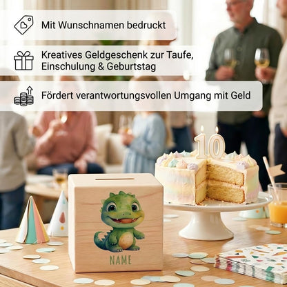 Dino Spardose für Kinder personalisiert Sparbox aus Holz T-Rex Sparschwein mit Schlüssel Taufgeschenk für Jungen und Mädchen