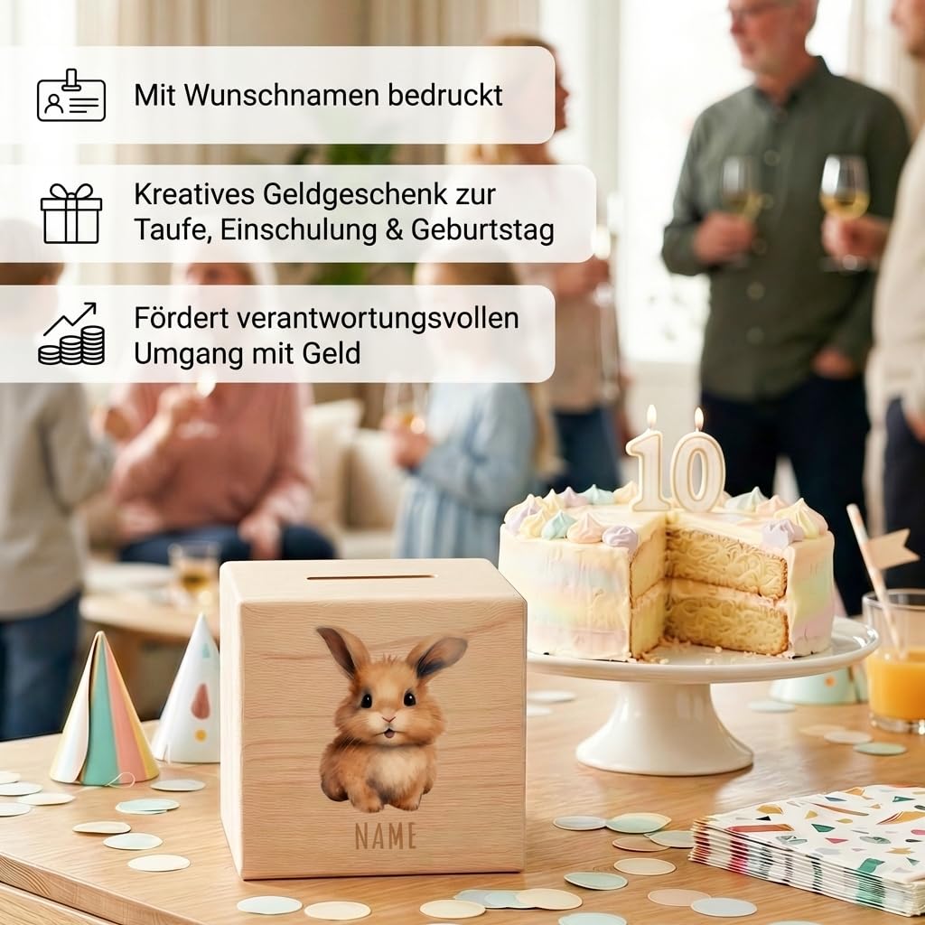 Hase Spardose für Kinder personalisiert Sparbox aus Holz Sparschwein mit Schlüssel Taufgeschenk für Jungen und Mädchen