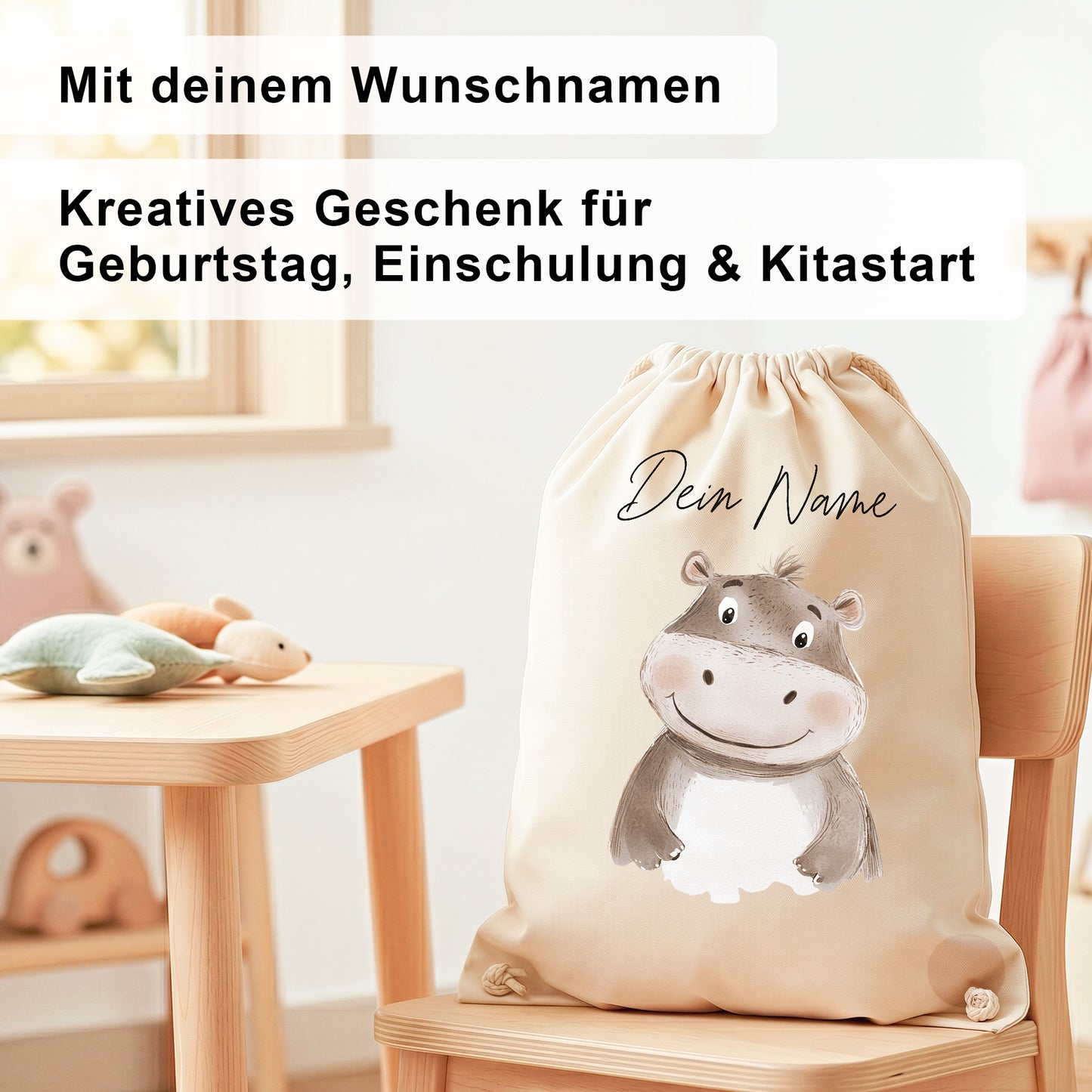 Nilpferd Turnbeutel für Kinder personalisierter Sportbeutel für den Kindergarten Stoffbeutel mit Kordelzug