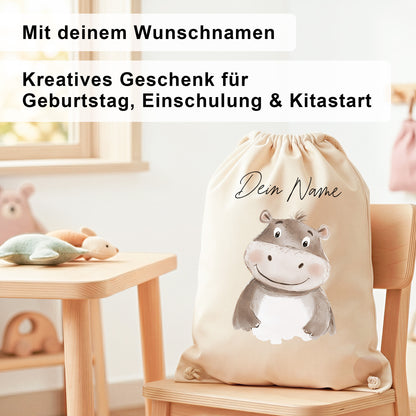 Nilpferd Turnbeutel für Kinder personalisierter Sportbeutel für den Kindergarten Stoffbeutel mit Kordelzug