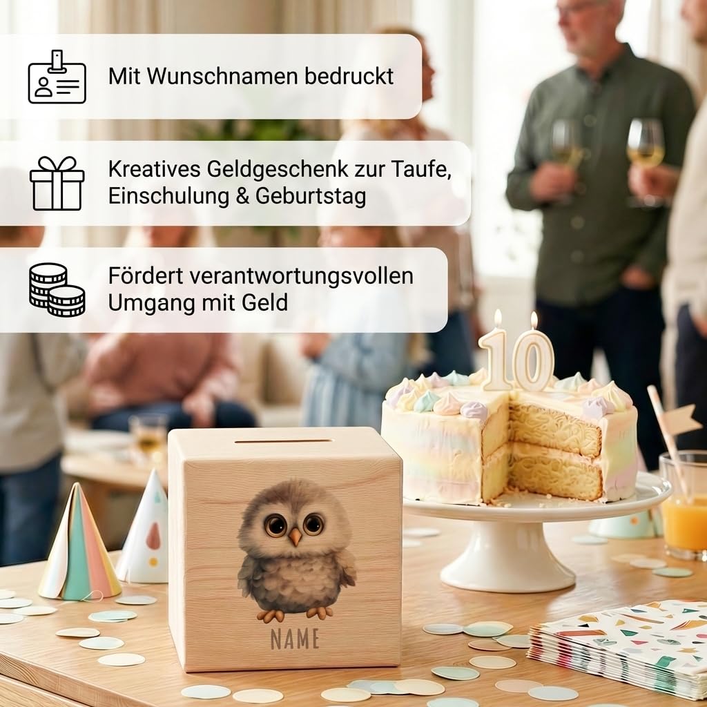 Eule Spardose für Kinder personalisiert Sparbox aus Holz Sparschwein mit Schlüssel Taufgeschenk für Jungen und Mädchen