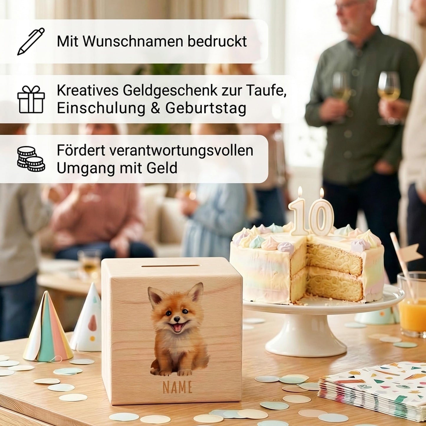 Fuchs Spardose für Kinder personalisiert Sparbox aus Holz Sparschwein mit Schlüssel Taufgeschenk für Jungen und Mädchen