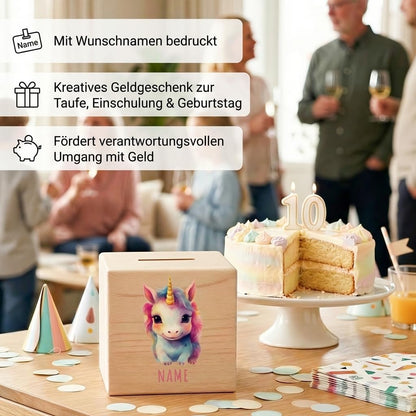 Tier Spardose für Kinder personalisiert Sparbox aus Holz Sparschwein mit Schlüssel Taufgeschenk für Jungen und Mädchen (Einhorn)