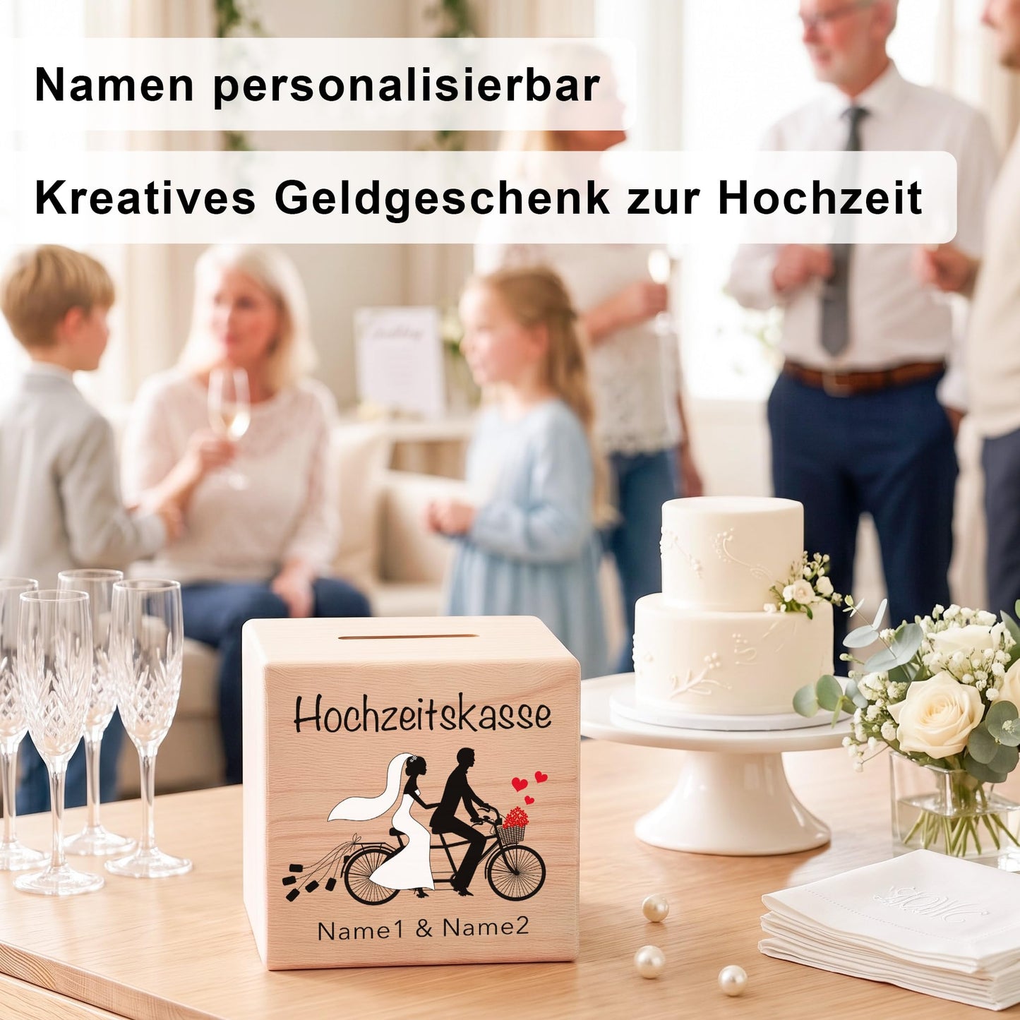 Geldgeschenk zur Hochzeit personalisierte Spardose aus Holz Tandem Hochzeitsgeschenk für Brautpaar