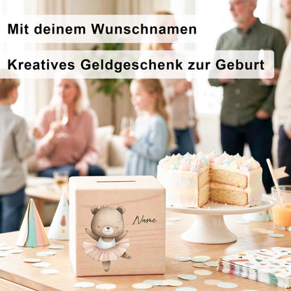 Spardose für Mädchen personalisierte Sparbox aus Holz mit Bär Geldgeschenk für Kinder