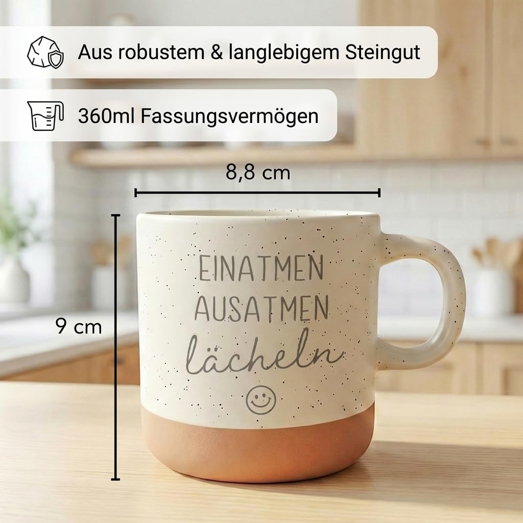 Anti Stress Tasse Einatmen Ausatmen Lächeln Steingut Kaffeetasse mit Gravur Spruch kleine Auszeit Kaffeebecher