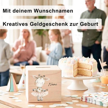 Spardose für Mädchen personalisierte Sparbox aus Holz mit Giraffe Geldgeschenk für Kinder