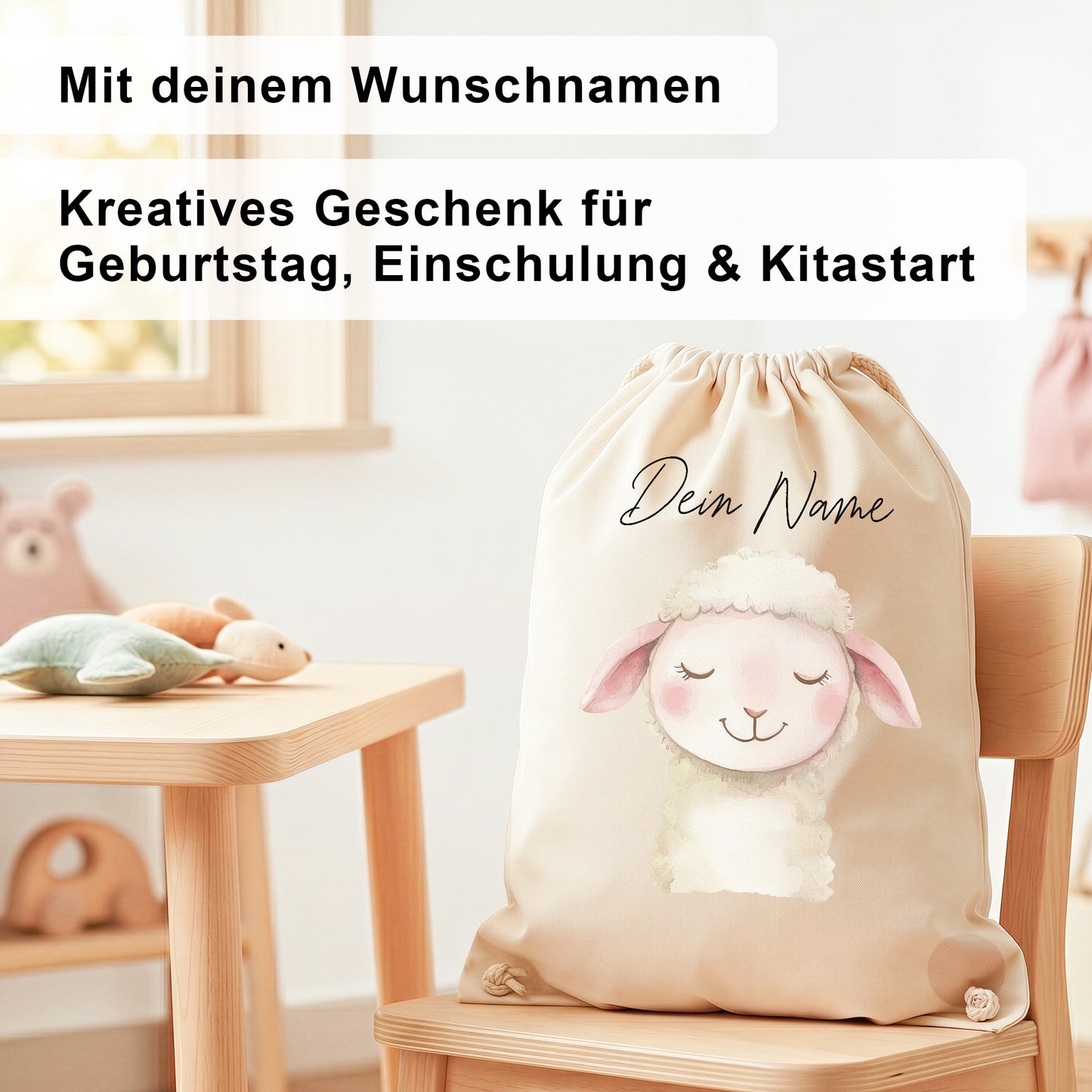Schaf Turnbeutel Kinder personalisierter Sportbeutel für Kindergarten & Kita Stoffbeutel mit Kordelzug