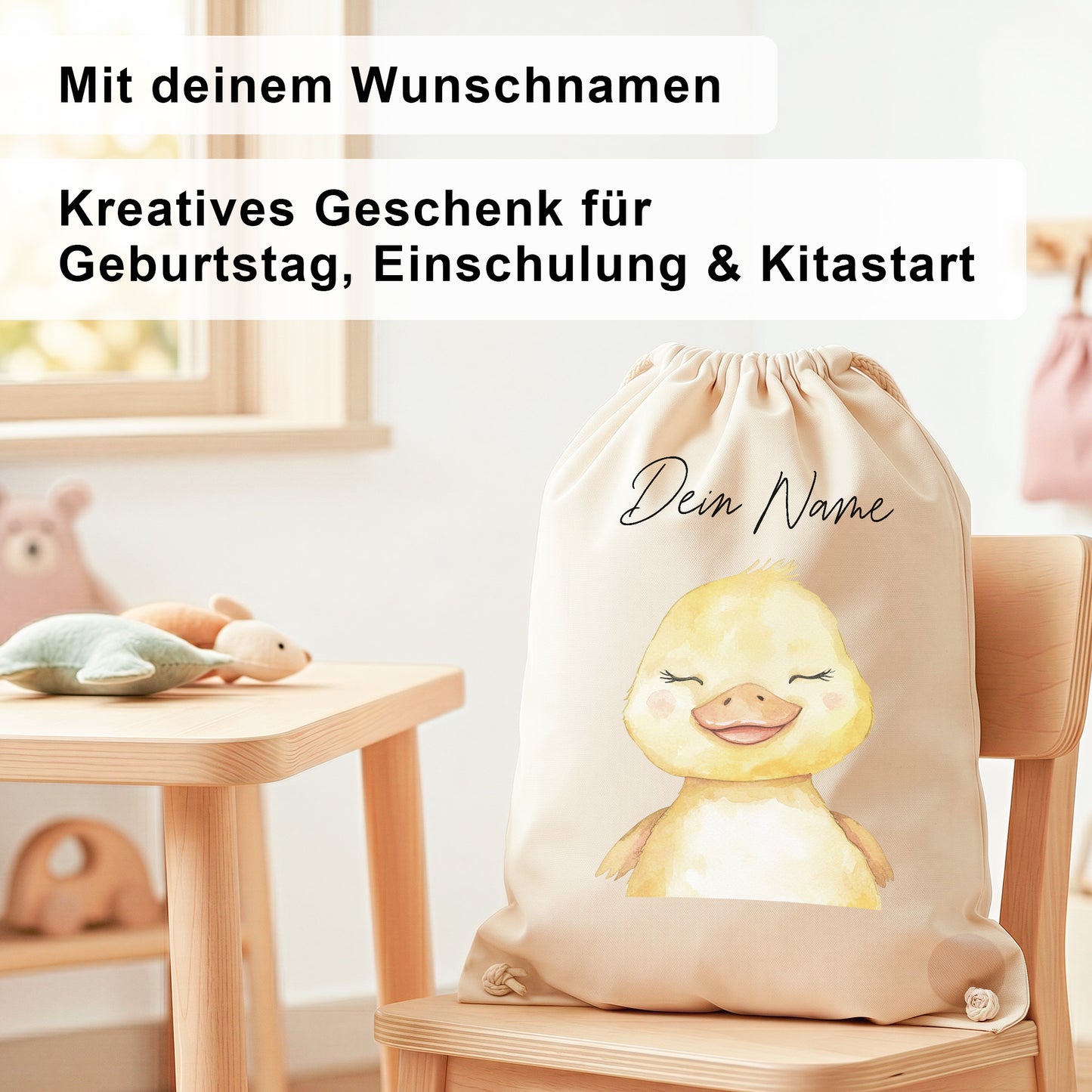 Ente Turnbeutel Kinder personalisierter Sportbeutel für Kindergarten & Kita Stoffbeutel mit Kordelzug