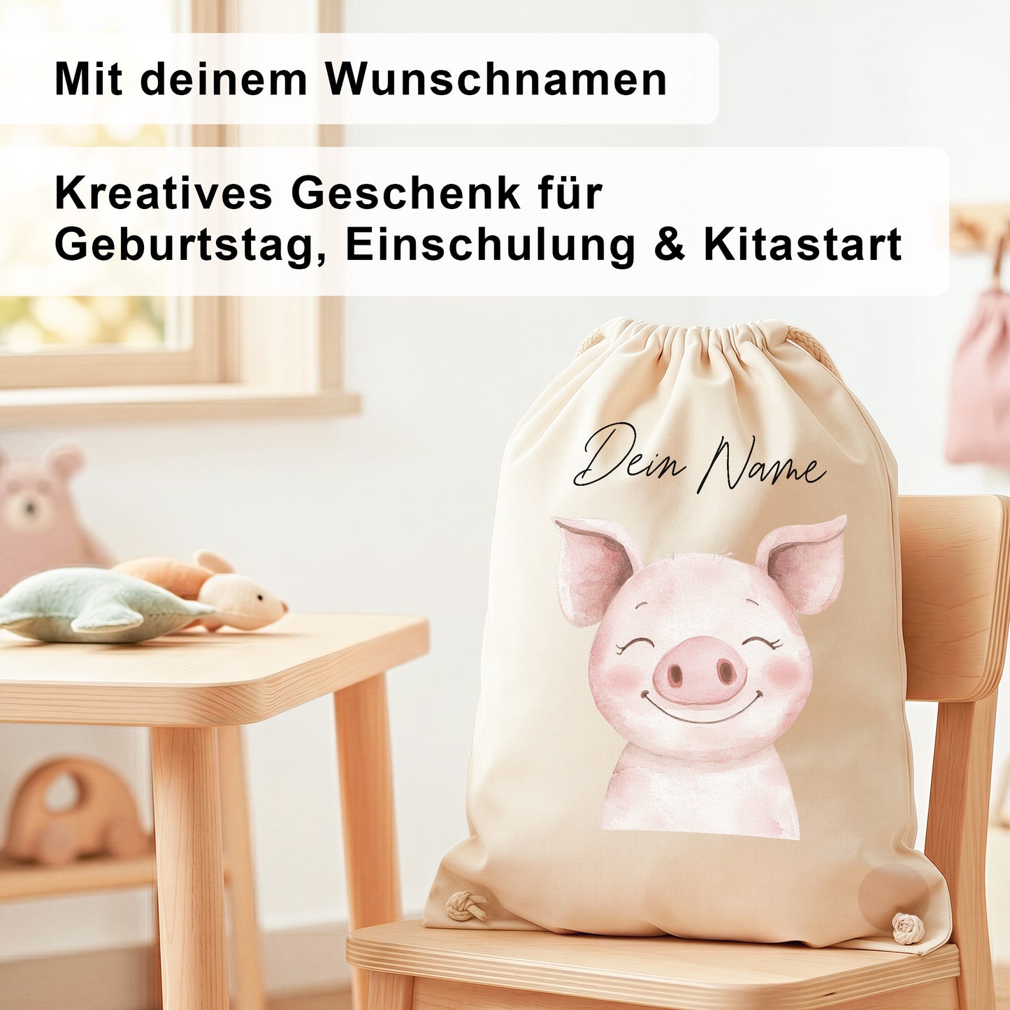 Schwein Turnbeutel Kinder personalisierter Sportbeutel für Kindergarten & Kita Stoffbeutel mit Kordelzug