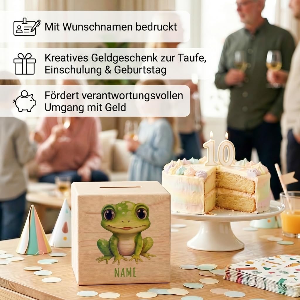 Frosch Spardose für Kinder personalisiert Sparbox aus Holz Sparschwein mit Schlüssel Taufgeschenk für Jungen und Mädchen