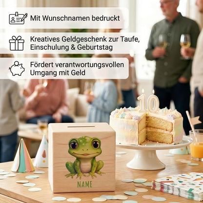 Frosch Spardose für Kinder personalisiert Sparbox aus Holz Sparschwein mit Schlüssel Taufgeschenk für Jungen und Mädchen