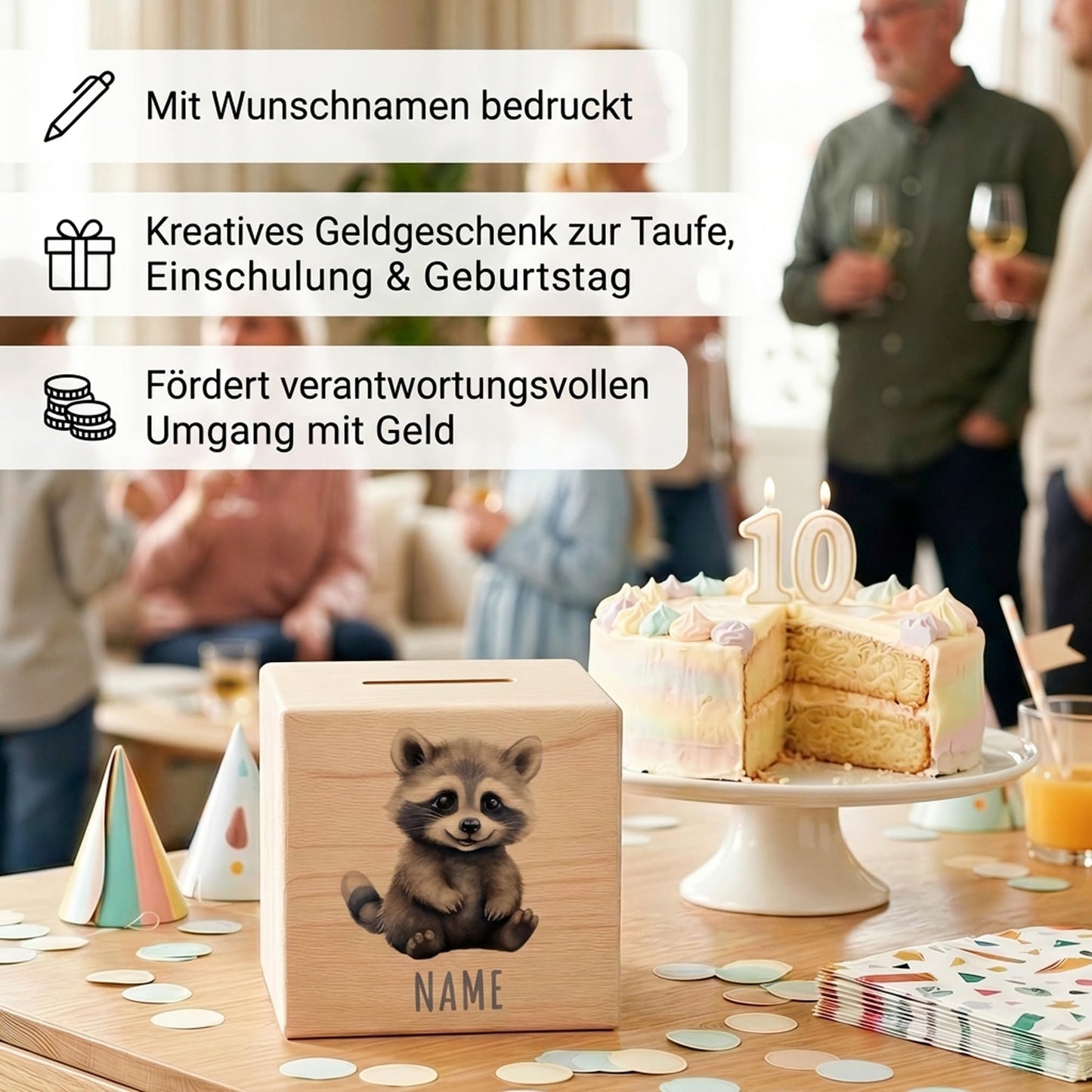 Waschbär Spardose für Kinder personalisiert Sparbox aus Holz Sparschwein mit Schlüssel Taufgeschenk für Jungen und Mädchen