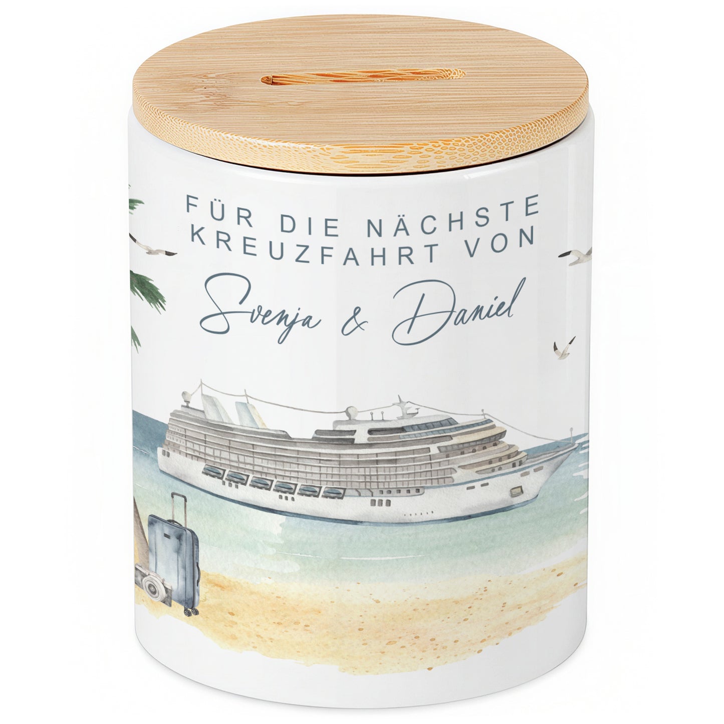 Spardose Schiff personalisiert als Reisekasse für die Kreuzfahrt