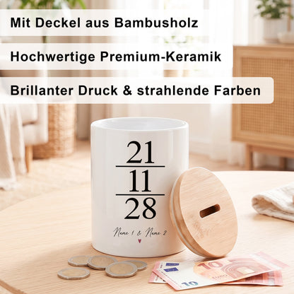 Spardose zur Hochzeit als Geldgeschenk personalisiert mit Namen & Datum
