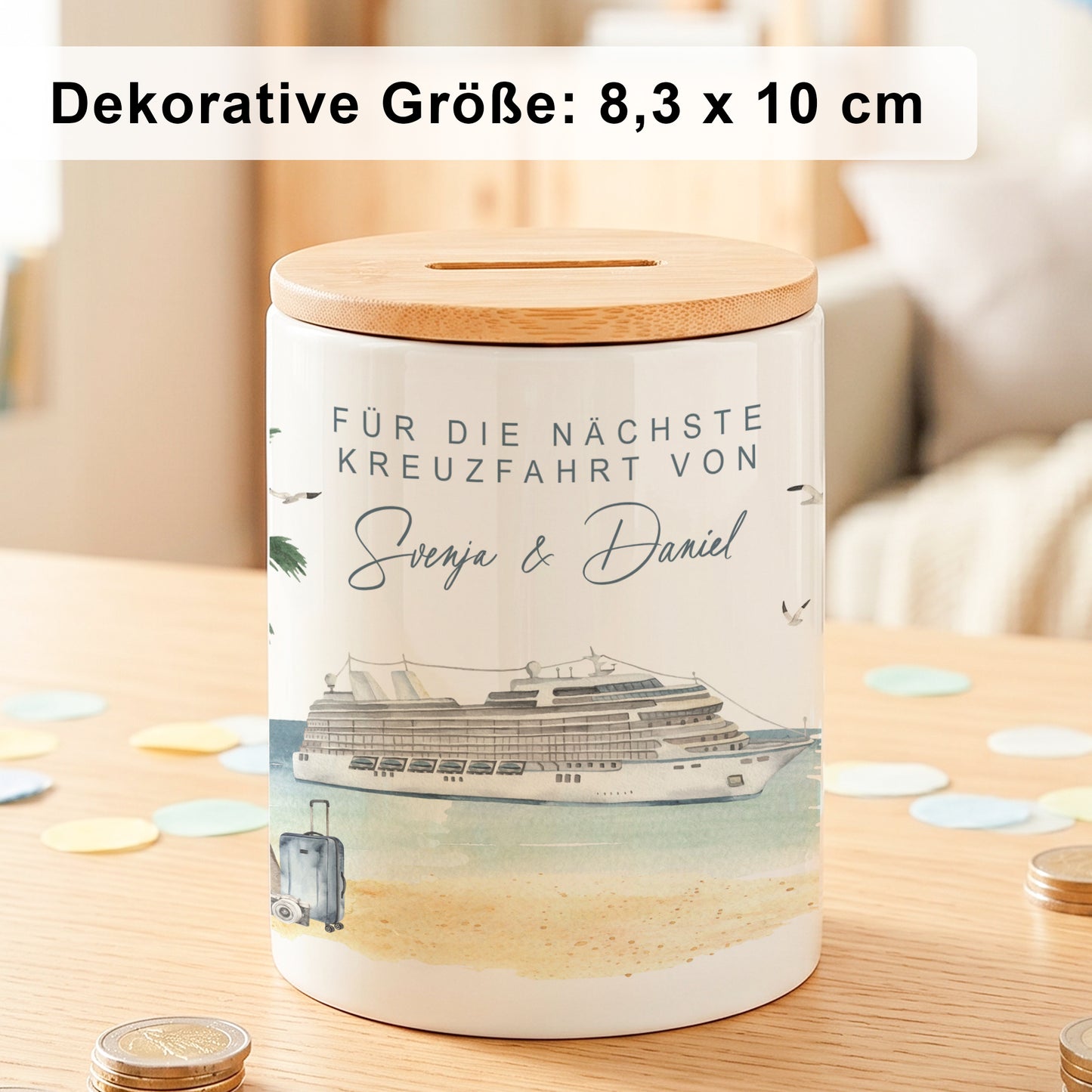 Spardose Schiff personalisiert als Reisekasse für die Kreuzfahrt