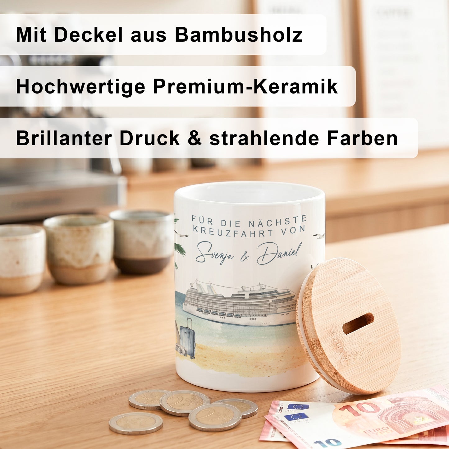 Spardose Schiff personalisiert als Reisekasse für die Kreuzfahrt