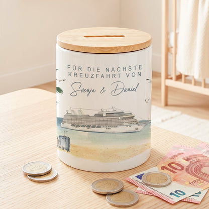 Spardose Schiff personalisiert als Reisekasse für die Kreuzfahrt