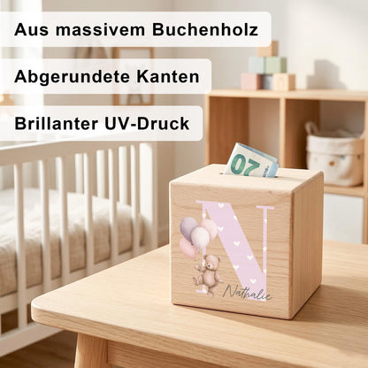 Buchstaben Spardose für Mädchen personalisierte Sparbox aus Holz als Geldgeschenk