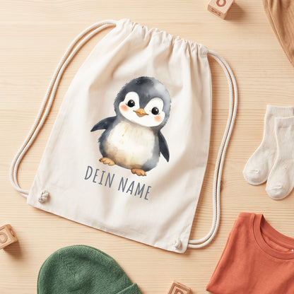 Pinguin Turnbeutel Kinder personalisierter Sportbeutel für den Kindergarten Stoffbeutel mit Kordelzug