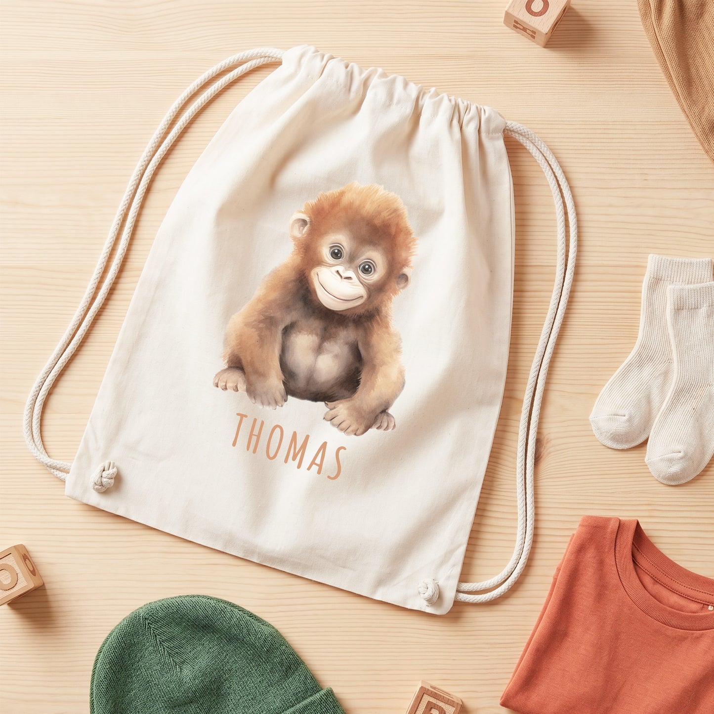 Affe Turnbeutel Kinder personalisierter Sportbeutel für den Kindergarten Stoffbeutel mit Kordelzug