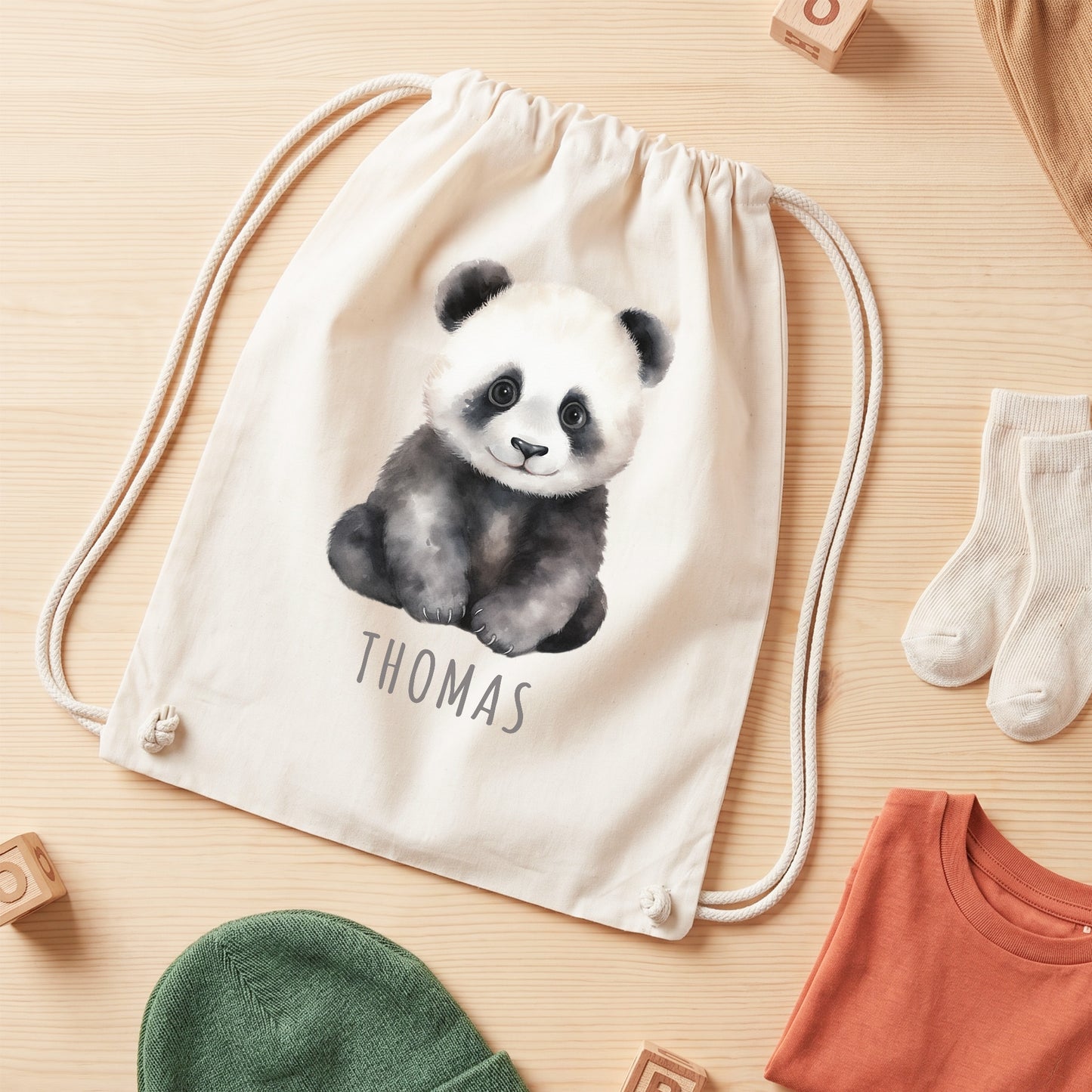 Panda Turnbeutel Kinder personalisierter Sportbeutel für den Kindergarten Stoffbeutel mit Kordelzug