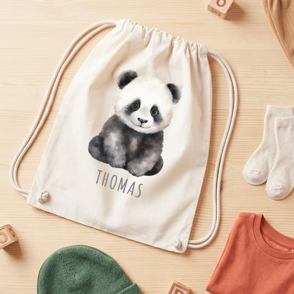 Panda Turnbeutel Kinder personalisierter Sportbeutel für den Kindergarten Stoffbeutel mit Kordelzug